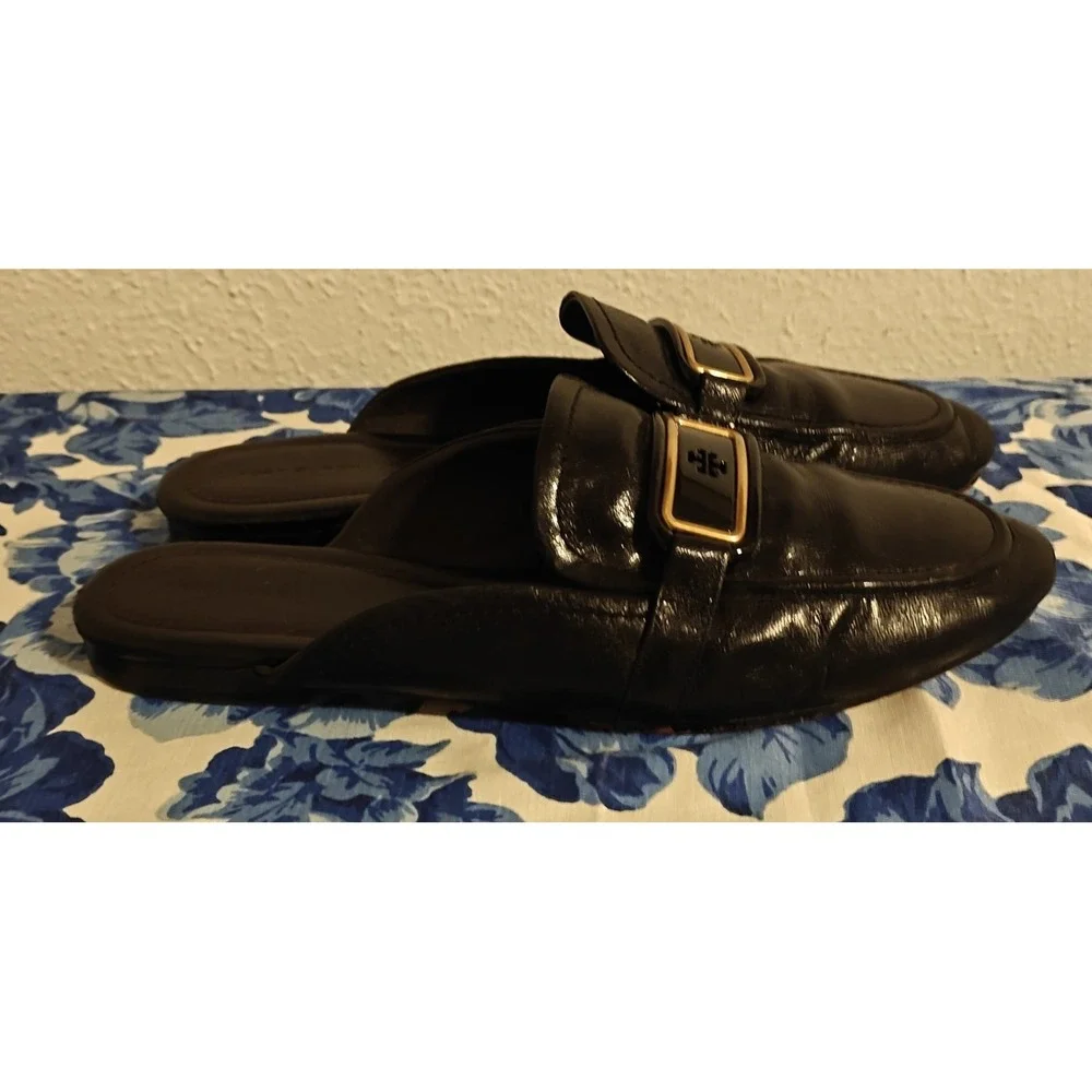 Tory Burch Georgia Backless Loafer Flats Mules Black Gold Logo Sz 10.5 M